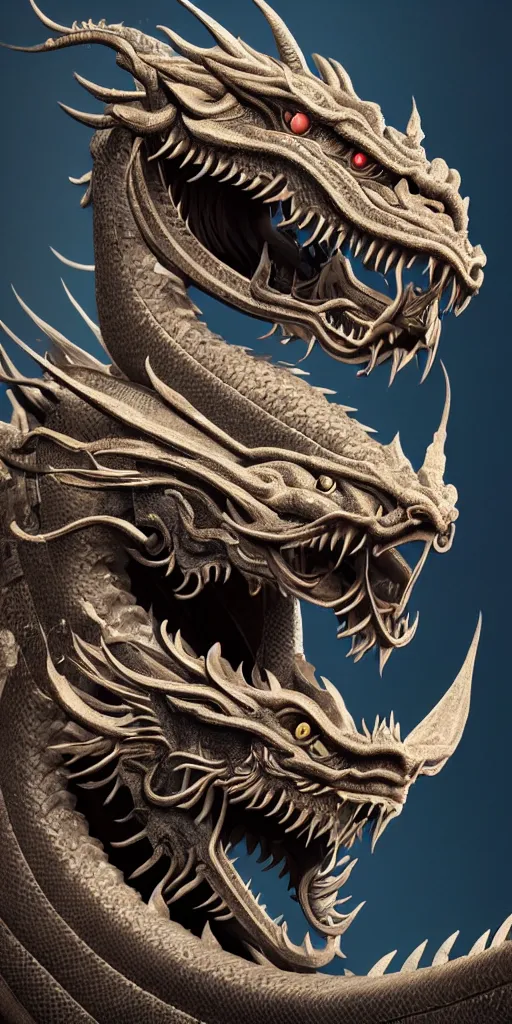 Image similar to a beautiful obverse portrait render of a single huge chinese dragon, solid background, mechanical, metal, fine texture structure, hyper detailed, perfect shadows, atmospheric lighting, 3 d render, the style of pascal blanche and sparth juan zigor samaniego, paul pepera pablo roldan, denoise, from china, 4 k hd