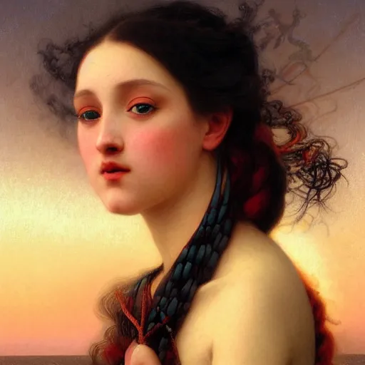 Image similar to a beautiful stunning interesting detailed fantasy whimsical matte digital portrait illustration of a mermaid with turqoise hair, and a yellow-orange and red-violet sunset, spectacular sunset, in the style of William Adolphe-Bouguereau and Marc Simonetti, magic the gathering, trending on artstation hq, contest winner