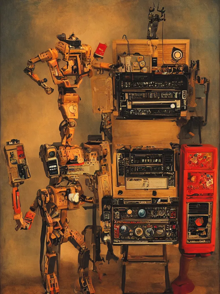 Image similar to allegory painting of an humanoid robot with a ghettoblaster boombox for a head, wooden body, normal body proportions, room lit by candles, red fox