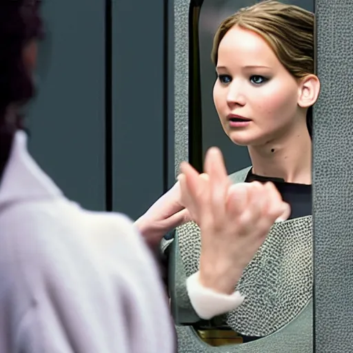 Prompt: jennifer lawrence touching mirror in matrix remake, ( eos 5 ds r, iso 1 0 0, f / 8, 1 / 1 2 5, 8 4 mm, postprocessed, crisp face, facial features )