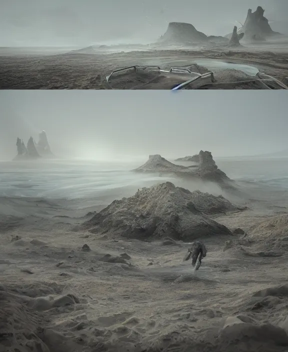 Image similar to surreal futuristic exploration in iceland beach, bioremediation architecture in the desert, foggy, highly detailed, digital painting, arstation, concept art, hyperealistic octane render, unreal engine,