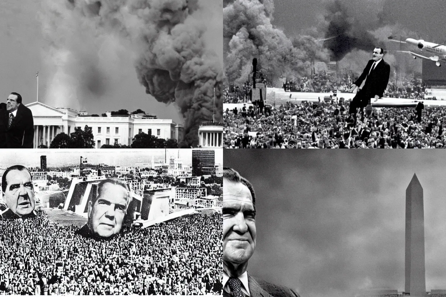 Prompt: fifty feet tall Richard Nixon destroying Washington DC