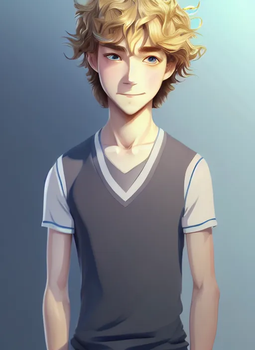 Image similar to young man with medium - length, curly, golden hair, perfectly proportioned face, aquamarine eyes, thin eyebrows, sweet smile, natural lighting, path traced, highly detailed, high quality, cartoon, digital painting, by new haicheng and studio ghibli