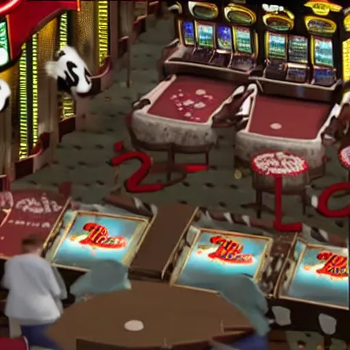 Prompt: movie still of cows trying to break into The Steakhouse at Circus Circus Casino, people rioting throughout, photorealistic, highly detailed