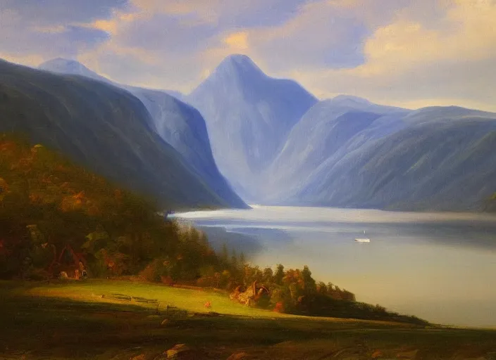 Prompt: norwegian fjords in the style of hudson river school of art, oil on canvas