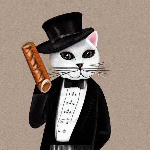 Prompt: an anthropomorphic cat smoking a cigar, wearing a tuxedo, photorealism