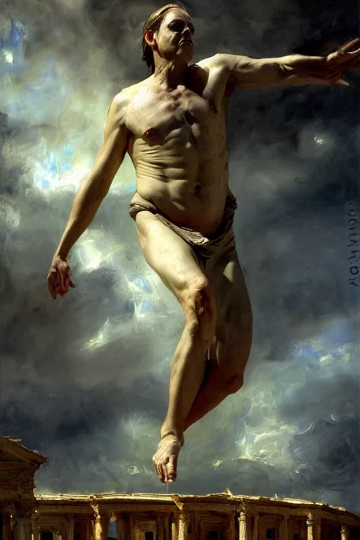 Image similar to beautiful detailed expressive impressionistic oil painting portrait of ancient roman god emperor steve buscemi levitating, ascending into the dark wearing the civic crown, renaissance painting, black background, art by anders zorn, wonderful masterpiece by greg rutkowski, expressive brush strokes, beautiful cinematic light, american romanticism by greg manchess, jessica rossier