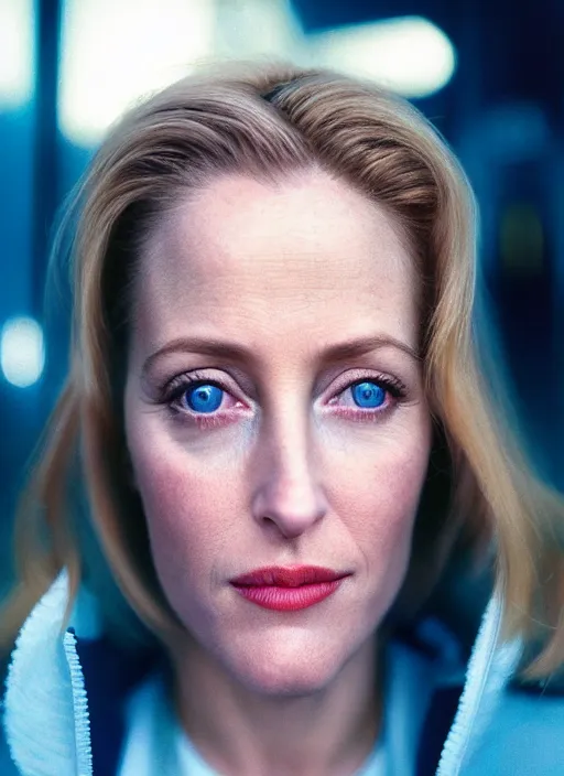 Prompt: A hyper realistic and detailed head portrait photography of Gillian Anderson in futuristic hoodie on a futuristic street. by Annie Leibovitz. Neo noir style. Cinematic. neon lights glow in the background. Cinestill 800T film. Lens flare. Helios 44m