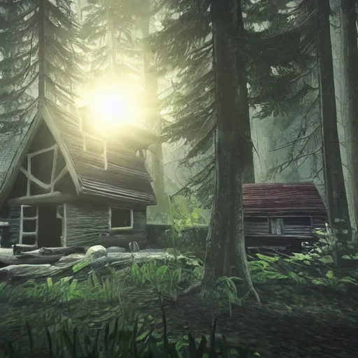 Prompt: a photo of a Eerie cabin in the middle of the woods in the style of Super Smash bros, gameplay footage