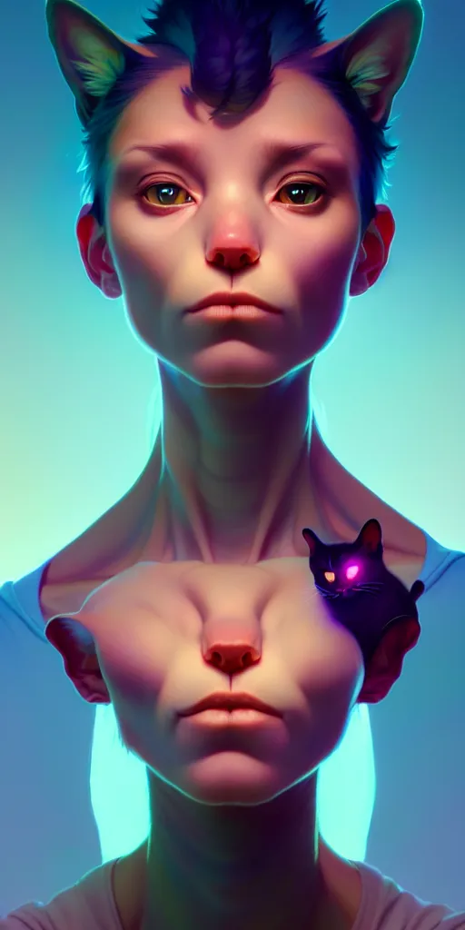 Image similar to portrait of humanoid cat, beautiful body, highly detailed vfx portrait, unreal engine, greg rutkowski, loish, rhads, beeple, makoto shinkai and lois van baarle, ilya kuvshinov, rossdraws, tom bagshaw, alphonse mucha, global illumination, detailed and intricate environment