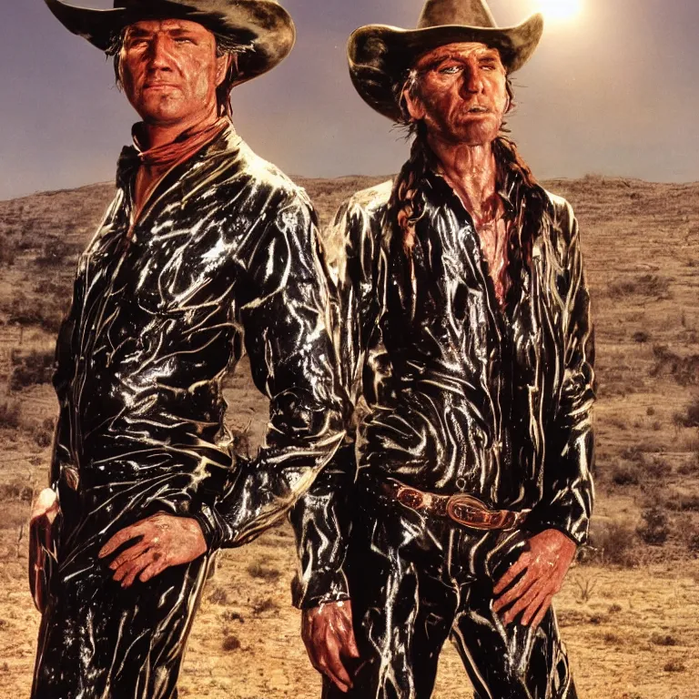 Image similar to 1 9 7 0's spaghetti western film octane render portrait by wayne barlow and carlo crivelli and glenn fabry, a man wearing a shiny black latex suit and cowboy hat covered in colorful slime, standing in a scenic western landscape, cinema 4 d, ray traced lighting, very short depth of field, bokeh