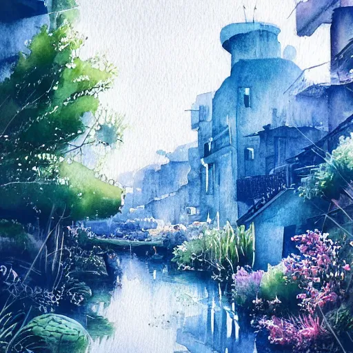 Image similar to Beautiful happy picturesque charming sci-fi town in harmony with nature. Beautiful light. Water and plants. Nice colour scheme, soft warm colour. Beautiful detailed artsy watercolor by Vincent. (2022)