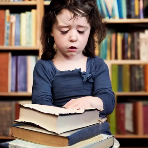 Image similar to A young Matilda using her powers to destroy some bad evil with books around her