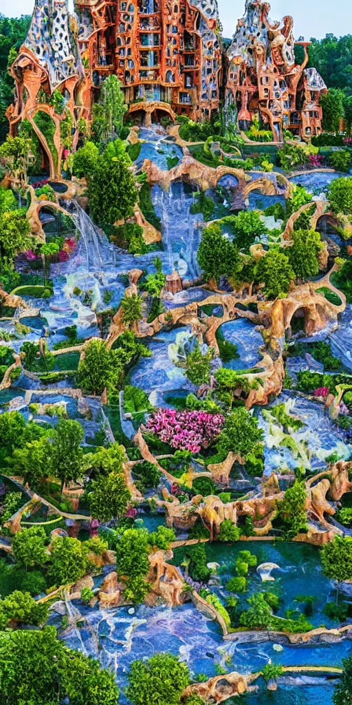 Image similar to valley village on the lake, waterfalls, flowers and intricate detailed visionary architecture and gardens by antoni gaudi, john stephens, alex gray