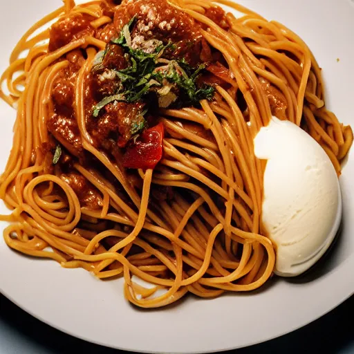 Image similar to single scoop of vanilla ice cream on top of a plate of steaming spaghetti, high resolution photograph, picnic at sunset