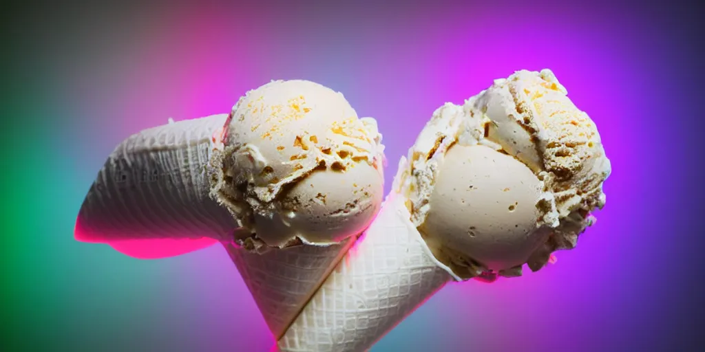 Image similar to ice cream cone with 3 scoops of ice cream and rgb lights embedded in the cone, cyberpunk, high quality, ue 5.