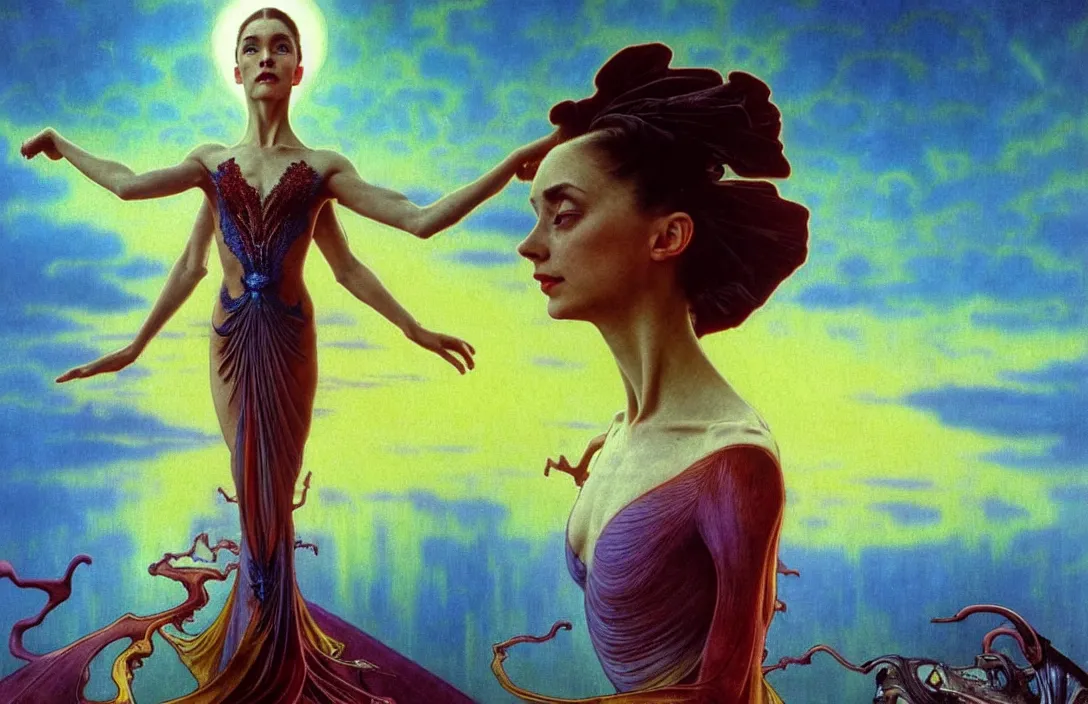 Image similar to realistic detailed portrait movie shot of a prima ballerina wearing a dark robes, sci fi city landscape background by denis villeneuve, amano, yves tanguy, alphonse mucha, ernst haeckel, max ernst, roger dean, masterpiece, rich moody colours, dog teeth, blue eyes, sunset