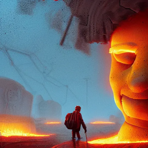 Image similar to Rowan Atkinson walking through Dante's Inferno, Simon Stalenhag, octane render, digital art