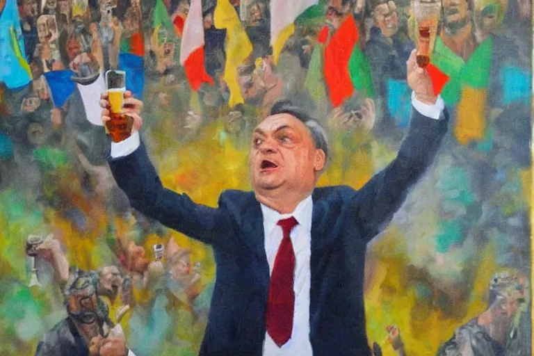 Image similar to viktor orban drinking beer and cheering at the apocalyse, highly detailed eyes, oil on canvas