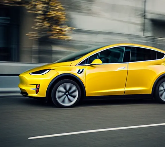 Image similar to a beautiful!!!!!!! studio photograph of a yellow-Tesla-Model-X; f/1.4; 90mm