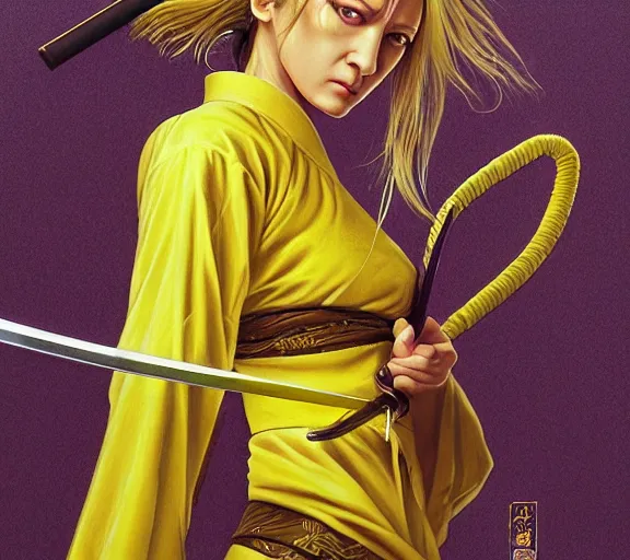 Prompt: breathtaking detailed pattern pastel colors, cinematic action scene from kill bill, with uma thurman in yellow kimono, swinging katana sword by wlop and artgerm, exquisite detail, enhanced eye detail