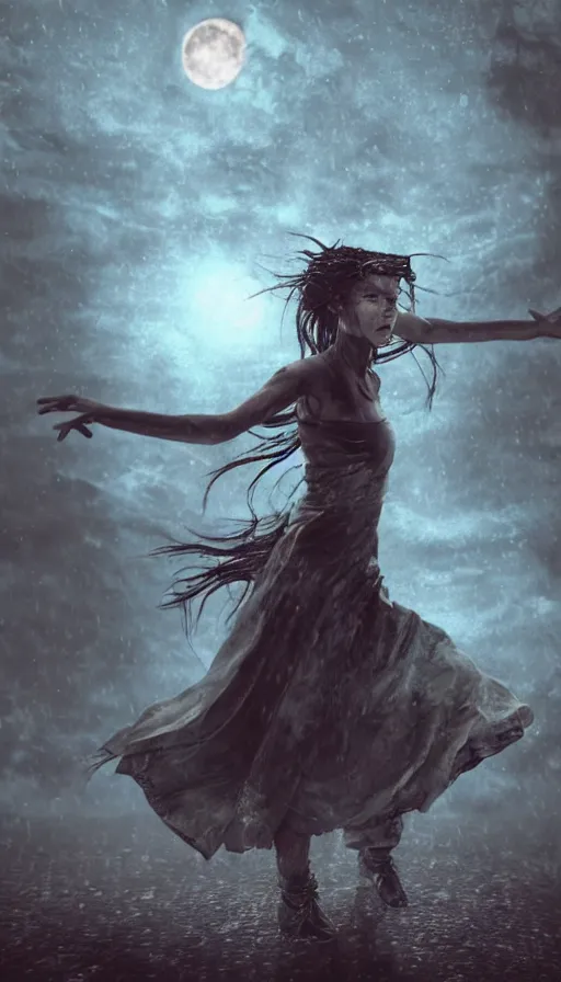 Image similar to woman dancing in the rain, post apocalyptic, horror, hyperdetailed, hyperrealistic, nature, soma game art style, midnight, full moon