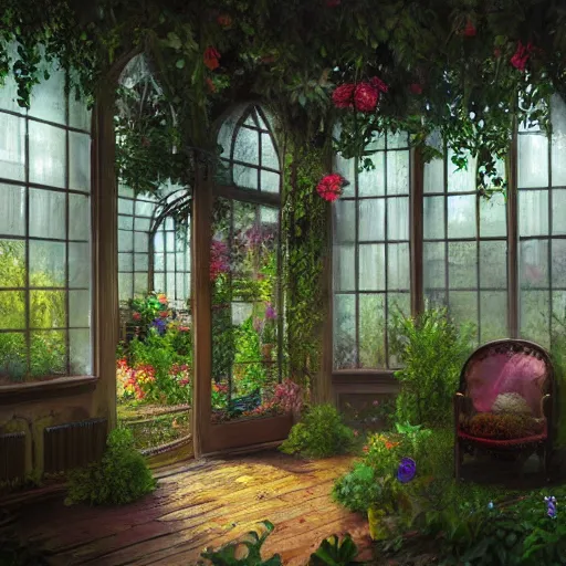 Image similar to a musical bedroom victorian greenhouse. The greenhouse is built into a giant oak tree, ornate, beautiful, atmosphere, vibe, flowers, concept art illustration, Greg rutowski, volumetric lighting,