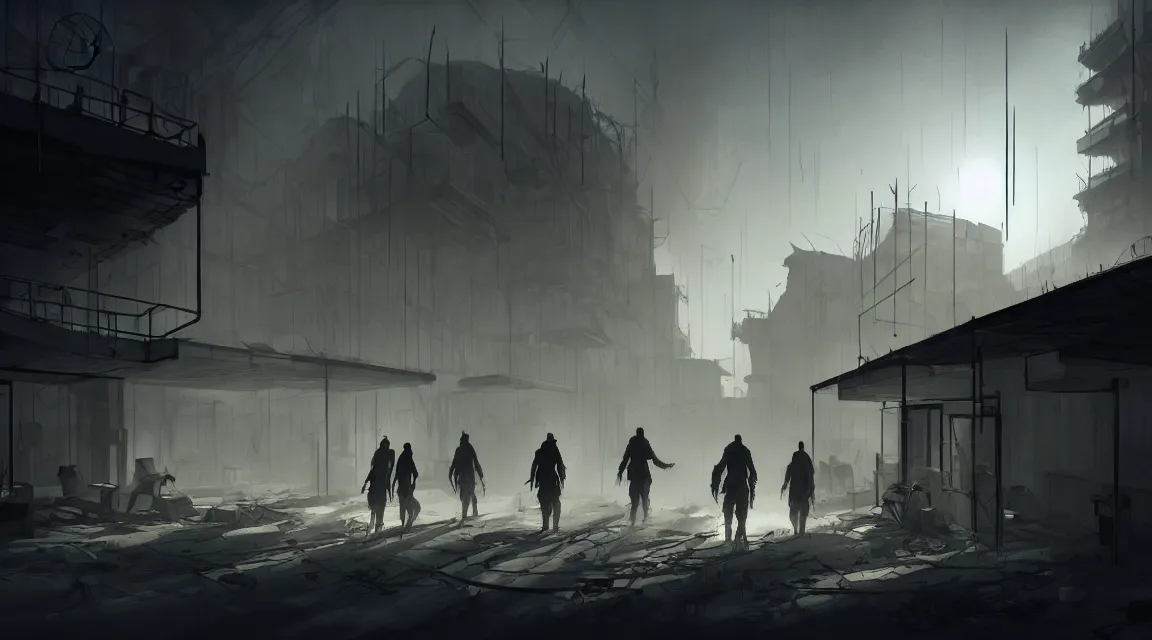 Image similar to post apocalyptic hospital building, morning, by pascal blanche, trending on artstation, human silhouettes walking