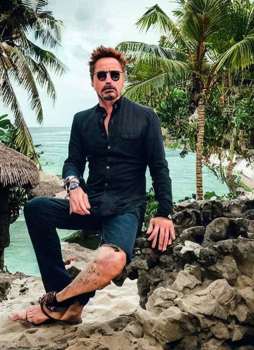 Image similar to a full portrait photo of robert downey jr holiday in bali, f / 2 2, 3 5 mm, 2 7 0 0 k, lighting, perfect faces, award winning photography.