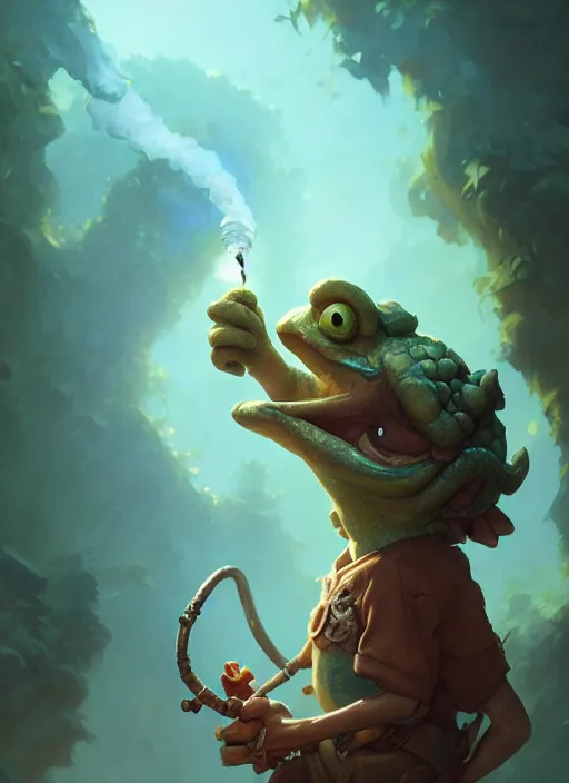 Image similar to cute kappa smoking a pipe, subsurface scattering, by jesper ejsing, justin gerard, tomasz alen kopera, cgsociety and fenghua zhong, highly detailed, rim light, cinematic lighting, illustration, art, octane render, very coherent, cinematic, hyper realism, high detail, octane render, 8 k