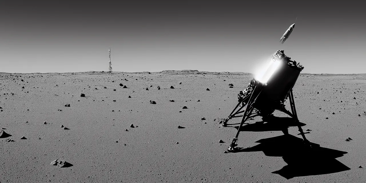 Prompt: 1 7 mm, black and white photo of a rocket landing on mars, black background with stars, cinematic film still, high contrast, astrophotography, 4 k