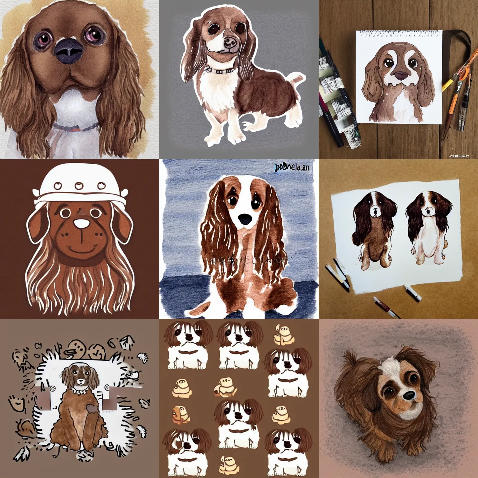 Prompt: a brown and white sprocker Spaniel!!, Style of pusheen. Comic, artwork, silly, front facing, (webcomic), watercolours, single, white background