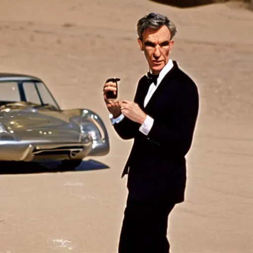 Image similar to bill nye as james bond, goldfinger 1 9 6 4 iconic film still, perfect composition