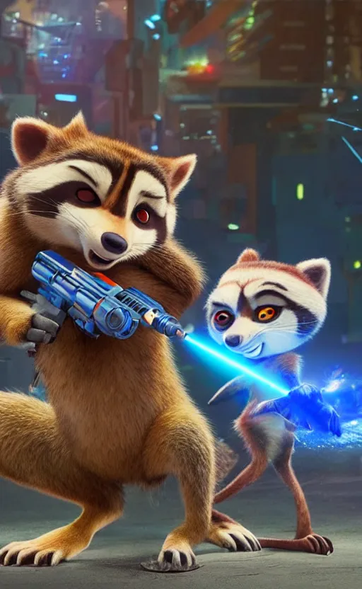 Image similar to “red racoon holding laser gun standing face to face off with blue racoon holding laser gun, cinematic, dramatic in the style of zootopia”