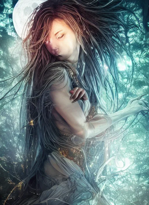 Image similar to glowing silver and golden elements, portrait, A beautiful dark witch in front of the full big moon, book cover, green forest, red white black colors, establishing shot, extremly high detail, foto realistic, cinematic lighting, pen and ink, intricate line drawings, by Yoshitaka Amano, Ruan Jia, Kentaro Miura, Artgerm, post processed, concept art, artstation, matte painting, style by eddie, raphael lacoste, alex ross