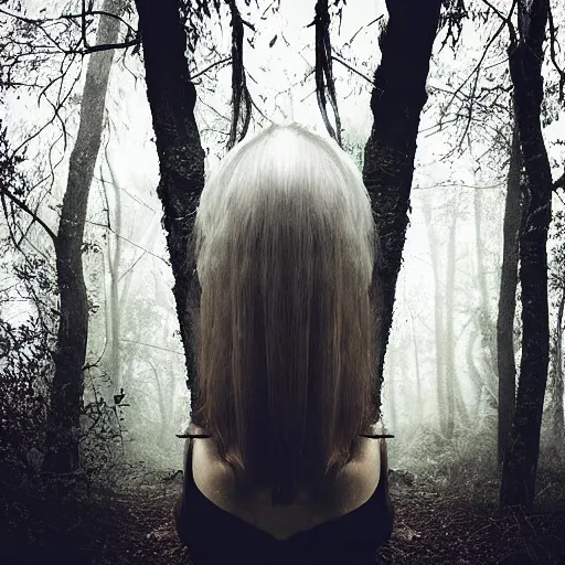 Image similar to Siren Head walking through the woods. Foggy. Dimly lit. Eerie. Spooky.