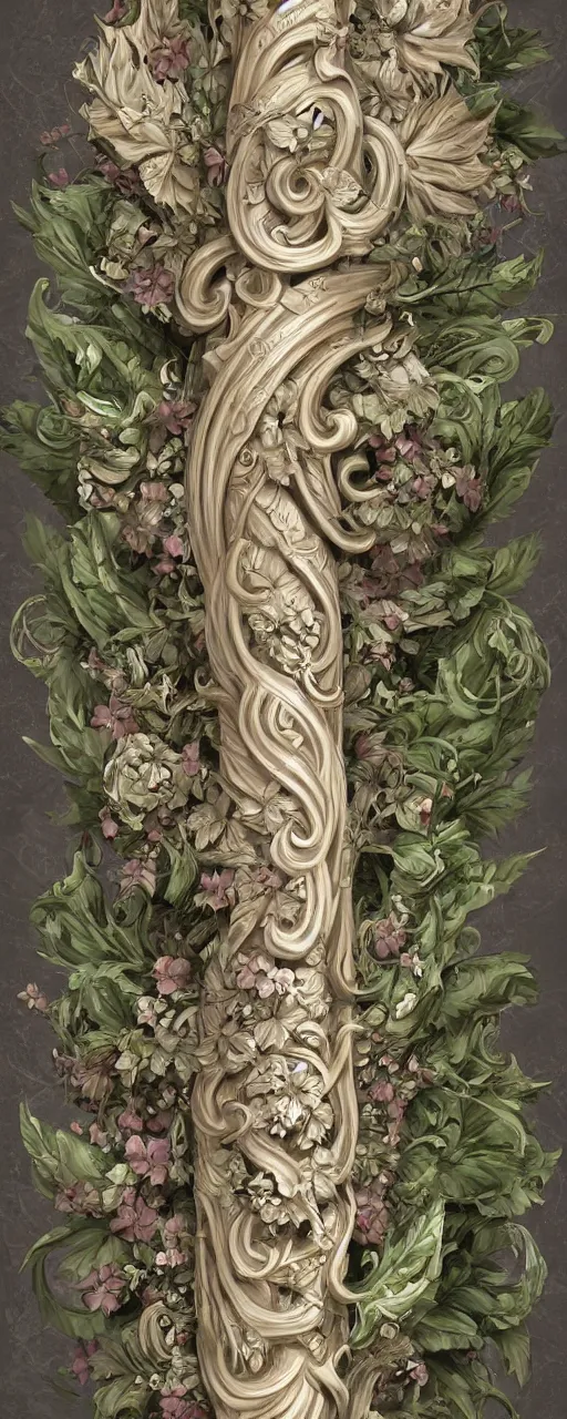 Prompt: beautiful fantasy giant sword carved with decorative ornament, acanthus scrolls, ( ( lilies ) ), ivy, energy, geometry, bones, petals, stems, ceremonial clouds, dripping paint, fibonacci rhythm, artstation, artgerm, wlop, symmetric ornaments