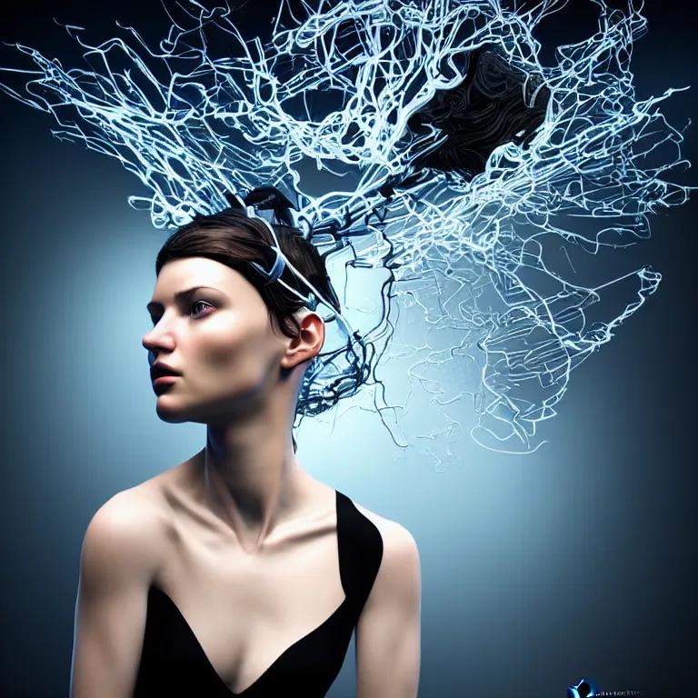 Image similar to hyperrealism photography computer simulation visualisation of parallel universe dramatic scene with beautiful highly detailed ukrainian woman by caravaggio wearing neofuturistic neural interface by josan gonzalez. volumetric natural light - s 1 5 0