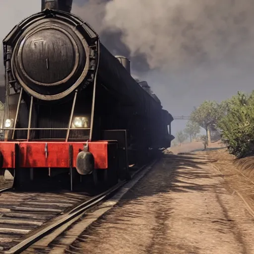 Image similar to futuristic sleek steam locomotive in red dead redemption 2