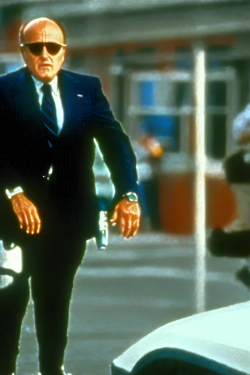 Prompt: Rudy Giuliani in Robocop (1987) movie, shootout scene, highly detailed