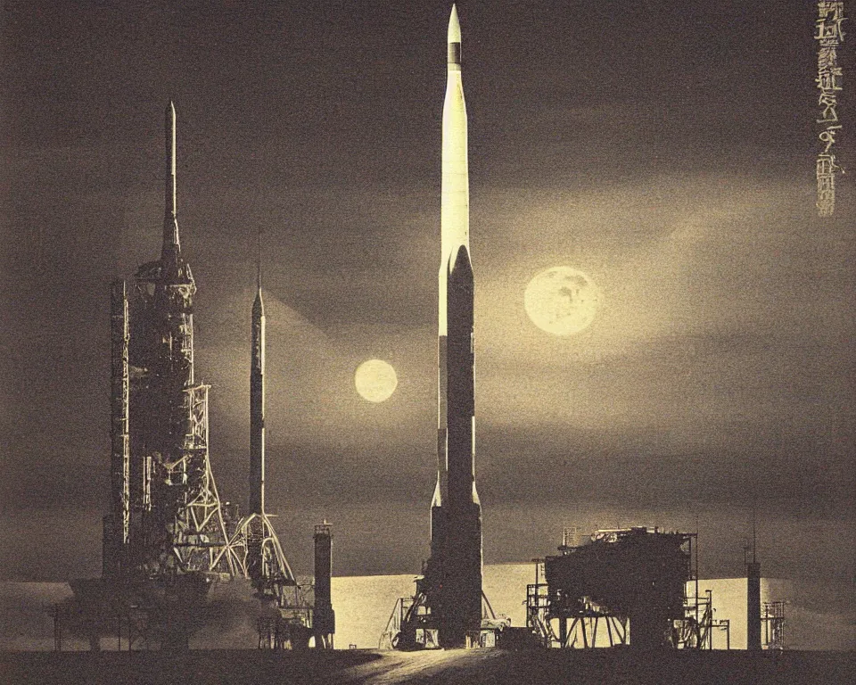 Image similar to achingly beautiful print of a Saturn V rocket on the launchpad, bathed in moonlight, by Hasui Kawase and Lyonel Feininger.