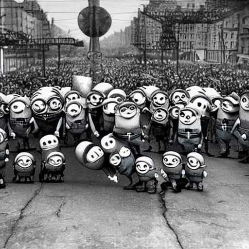 Image similar to despicable me minions standing next to adolf hitler, old photo, 4 k