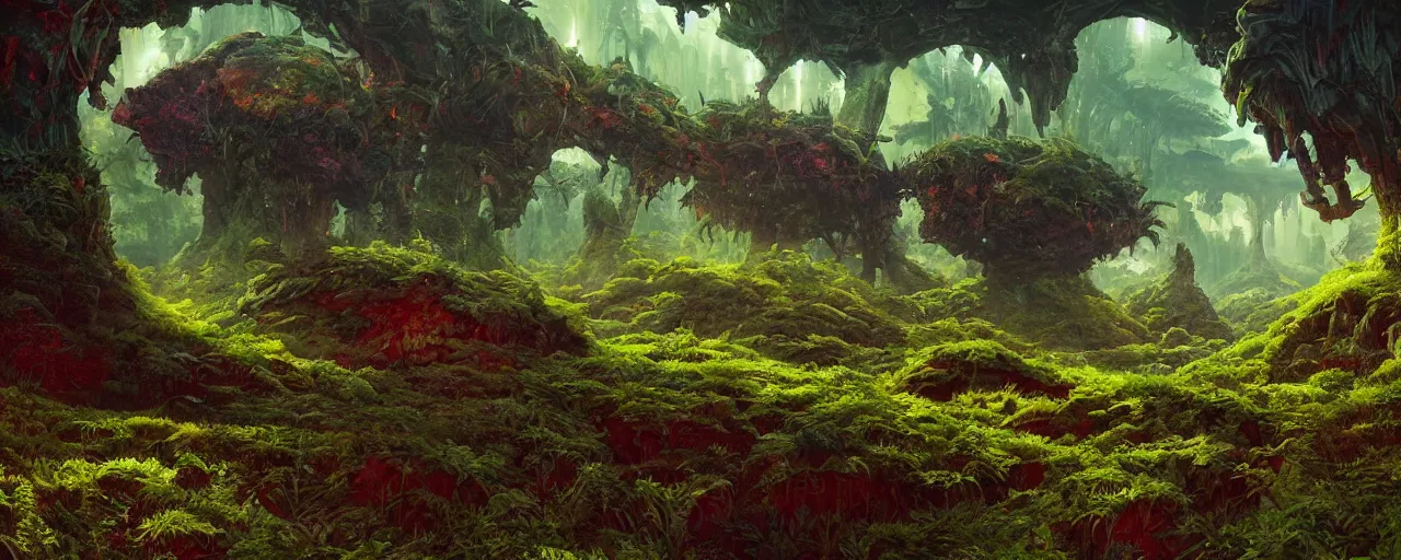 Prompt: ” mysterious alien landscape covered in foliage, [ lush, cinematic, detailed, epic, widescreen, opening, establishing, mattepainting, photorealistic, realistic textures, octane render, art by slop and paul lehr ] ”