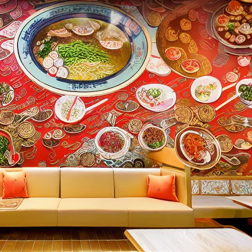 Image similar to a beautiful hyperdetailed 4 k hd wallpaper illustration interior of roasted string hotpot restaurant restaurant yan'an, wall painting, from china, with merchant logo, fine delicate structure, chinese style, victo ngai