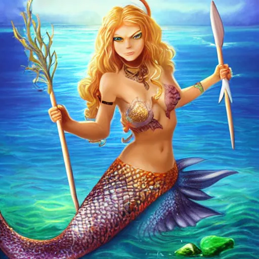 Image similar to fantasy mermaid warrior holding a sharp trident, sea background with sea weeds and small sea creatures, fantasy game art