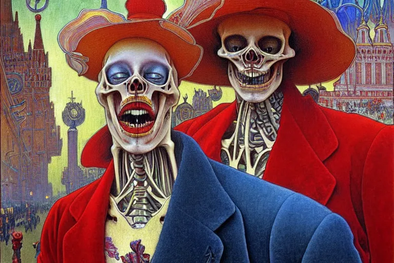 Image similar to realistic detailed closeup portrait painting of a single skeleton wearing red velvet blazer in a crowded futuristic moscow street by Jean Delville, Amano, Yves Tanguy, Alphonse Mucha, Ernst Haeckel, Edward Robert Hughes, Roger Dean, rich moody colours, blue eyes