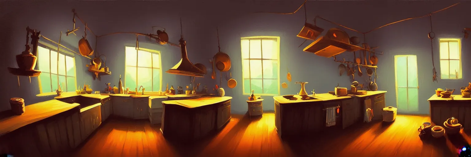 Prompt: dark palette, fisheye, naive, extra narrow, detailed illustration of an unlit kitchen, by rhads from lorax movie