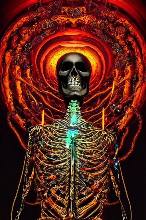 Image similar to psychedelic skeleton with trinket necklace, looking upward, epic angle and pose, reflective pool, symmetrical artwork, ayahuasca, translucent, fungus, energy flows of water and fire, highly detailed, epic cinematic concept art, excellent composition, dystopian brutalist atmosphere, dynamic dramatic lighting, aesthetic, very inspirational, arthouse, Greg Rutkowski, Artgerm