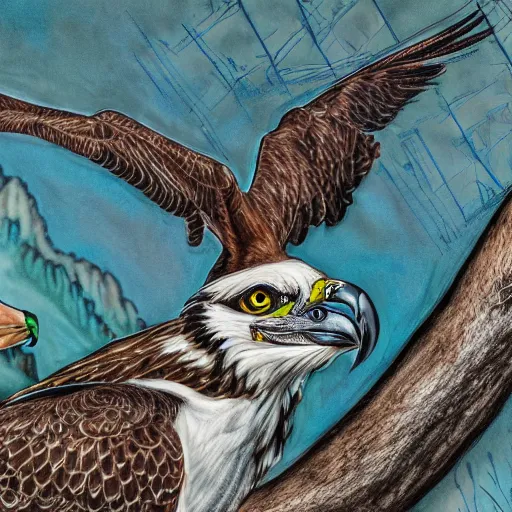 Image similar to extremely detailed cartoon osprey looking directly into camera psychedelic