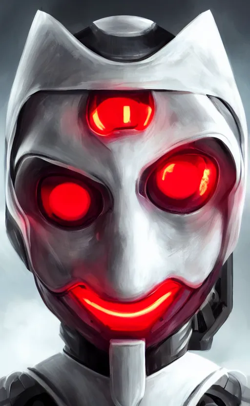 Image similar to face portrait of a robot in an all white hood and robe, with red glowing eyes, dynamic lighting, fantasy concept art, trending on art station, stunning visuals, creative, cinematic, ultra detailed